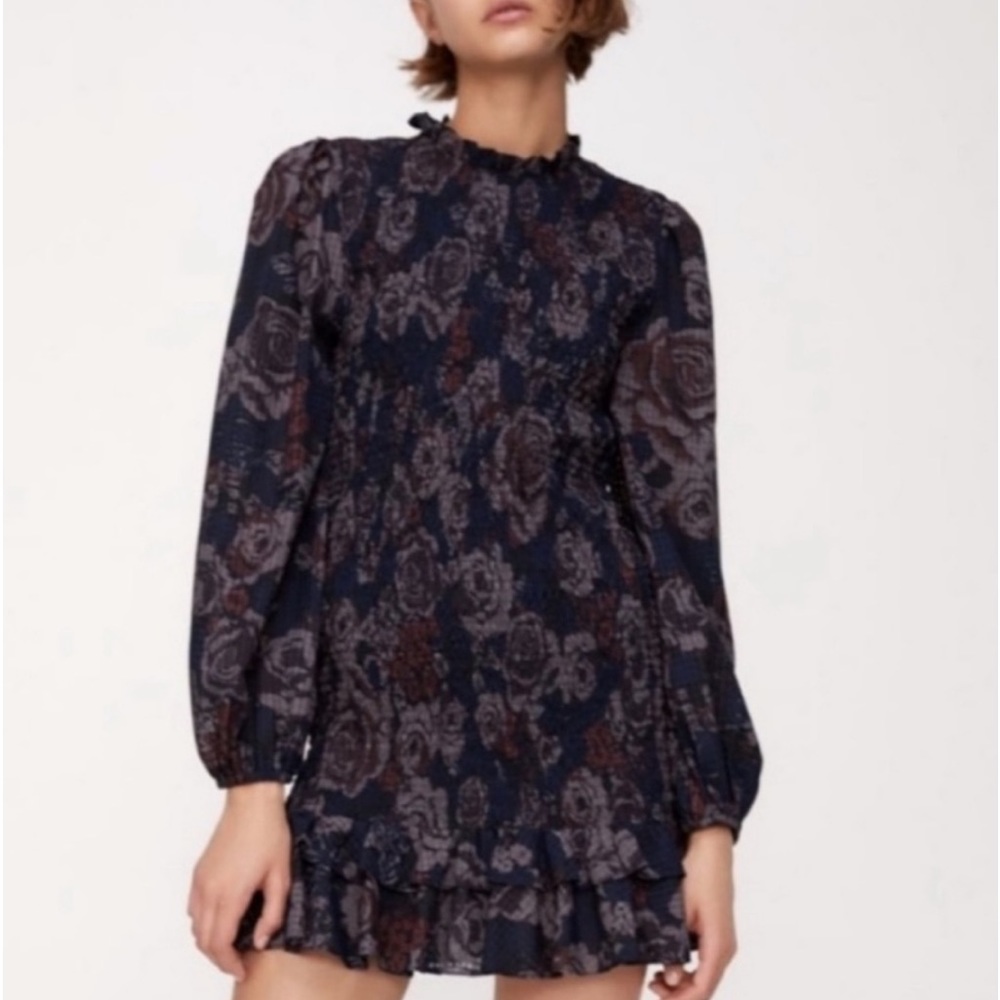 Zara smock dress floral boho mini roses plaid gingham drop waist ruffle